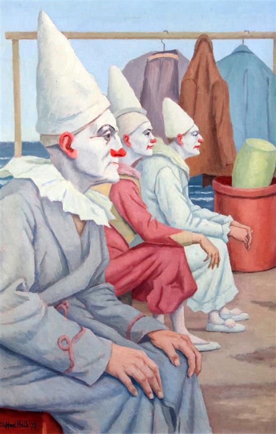 § Clifford Hall (1904-1973) Clowns waiting to go on, 30 x 20in.